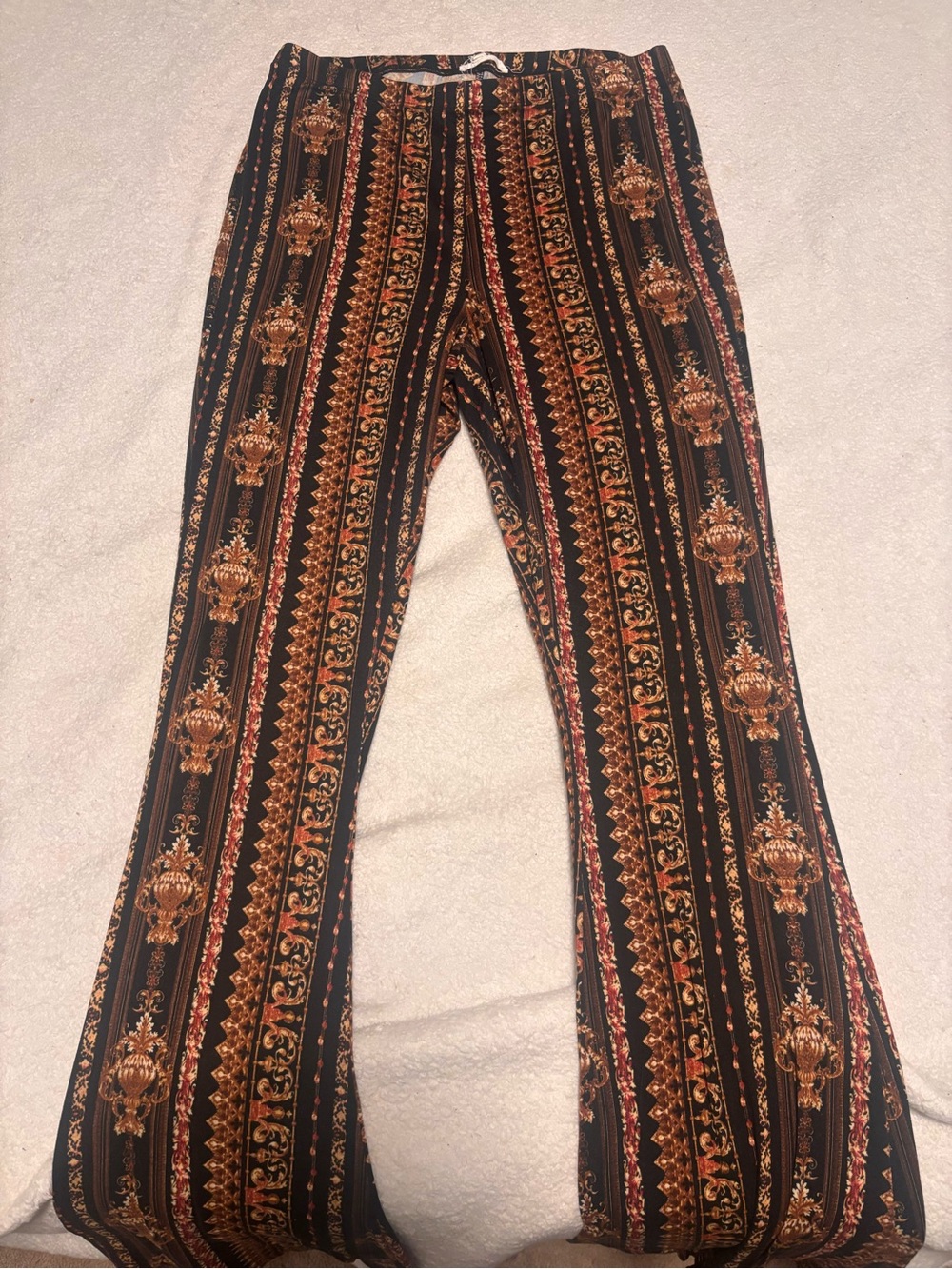 Bear Dance Black Pants with Rust & Gold Baroque Print